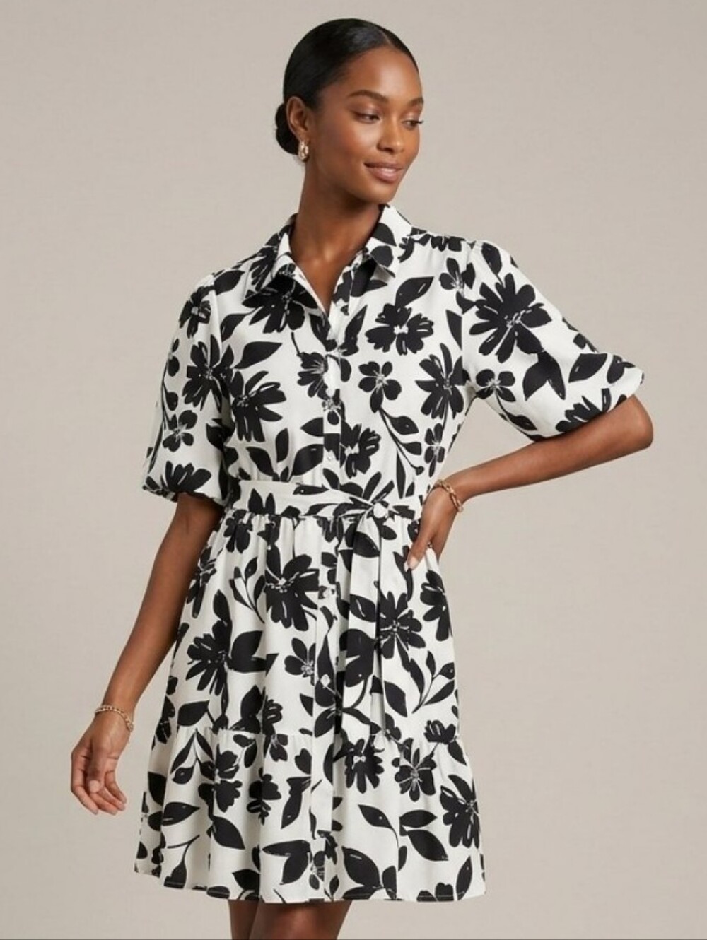 Hint of Blush black and white floral mini shirt dress with belt, Size Xl